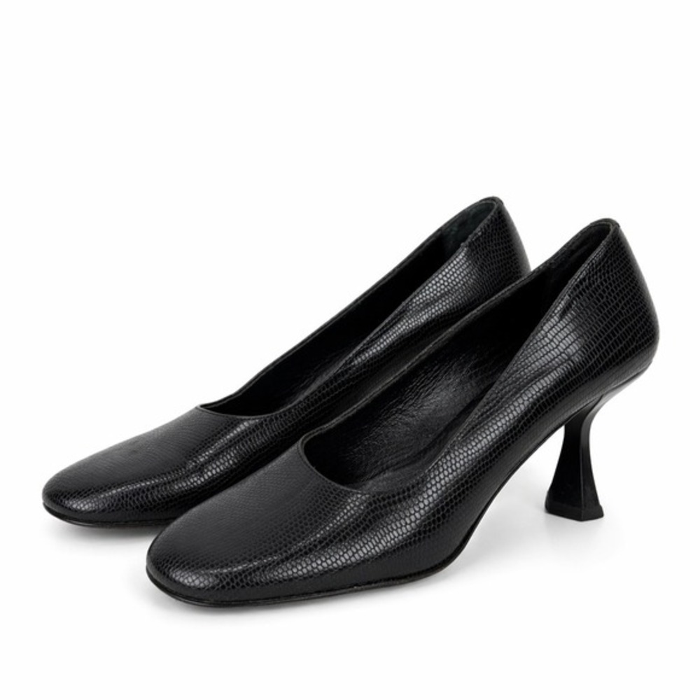 Classiques Entier Black Lizard Embossed Leather Pumps Flared Heel Italy 7M